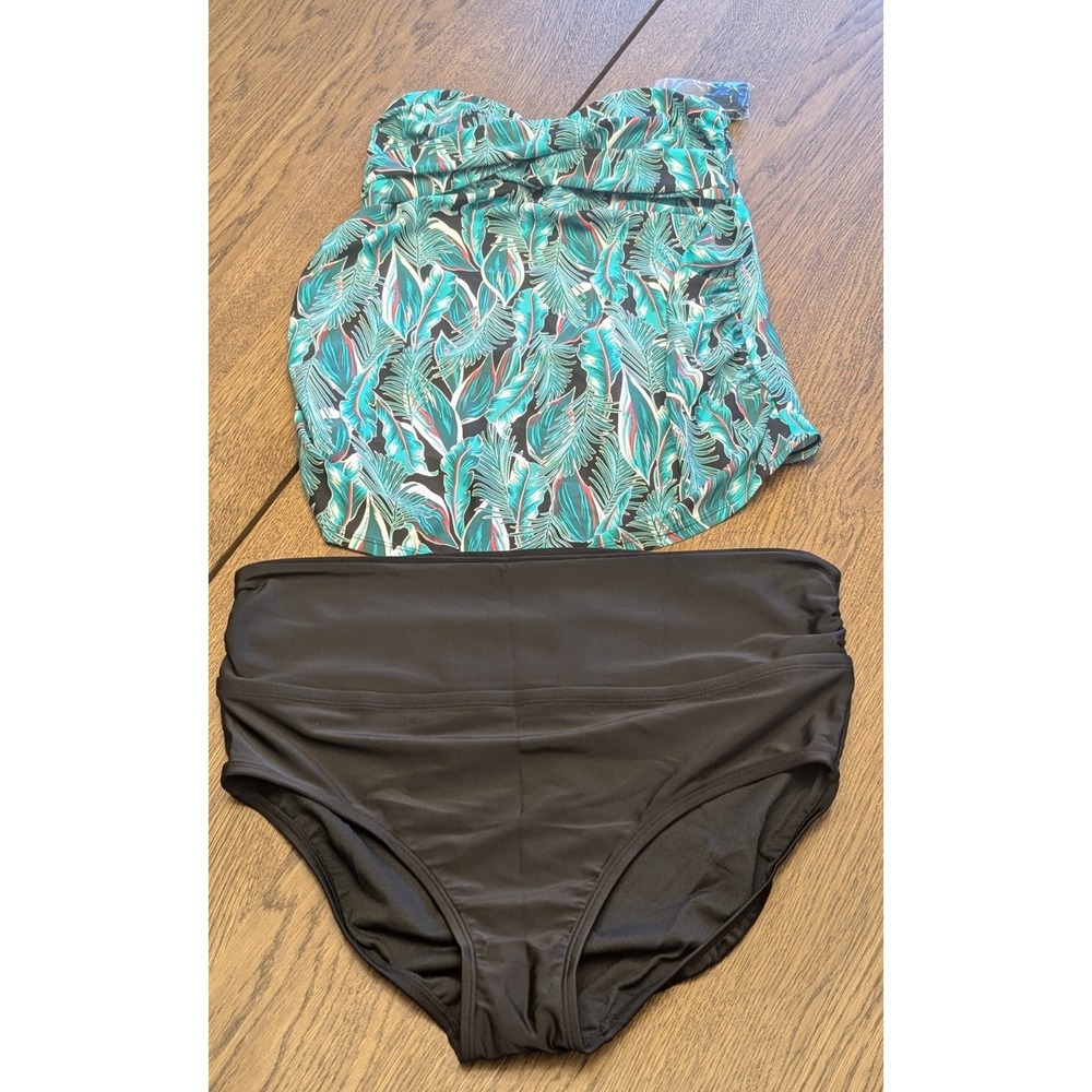 Isabel Maternity Tankini Top Multicolor w/ Palm Leaf Print & Black bottoms Large